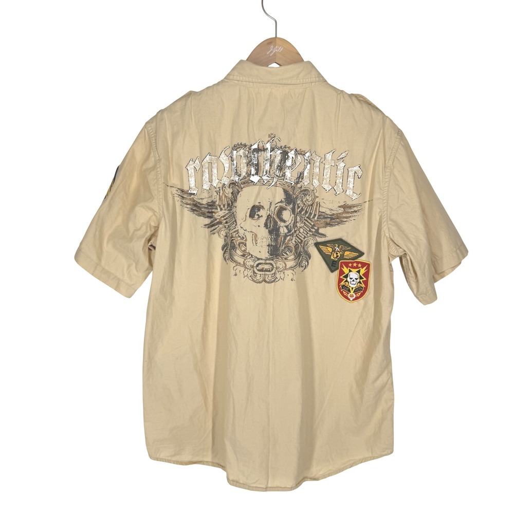 Ecko Unltd Men Y2K Military Button Shirt Skull Graphic Patches Short Sleeve L